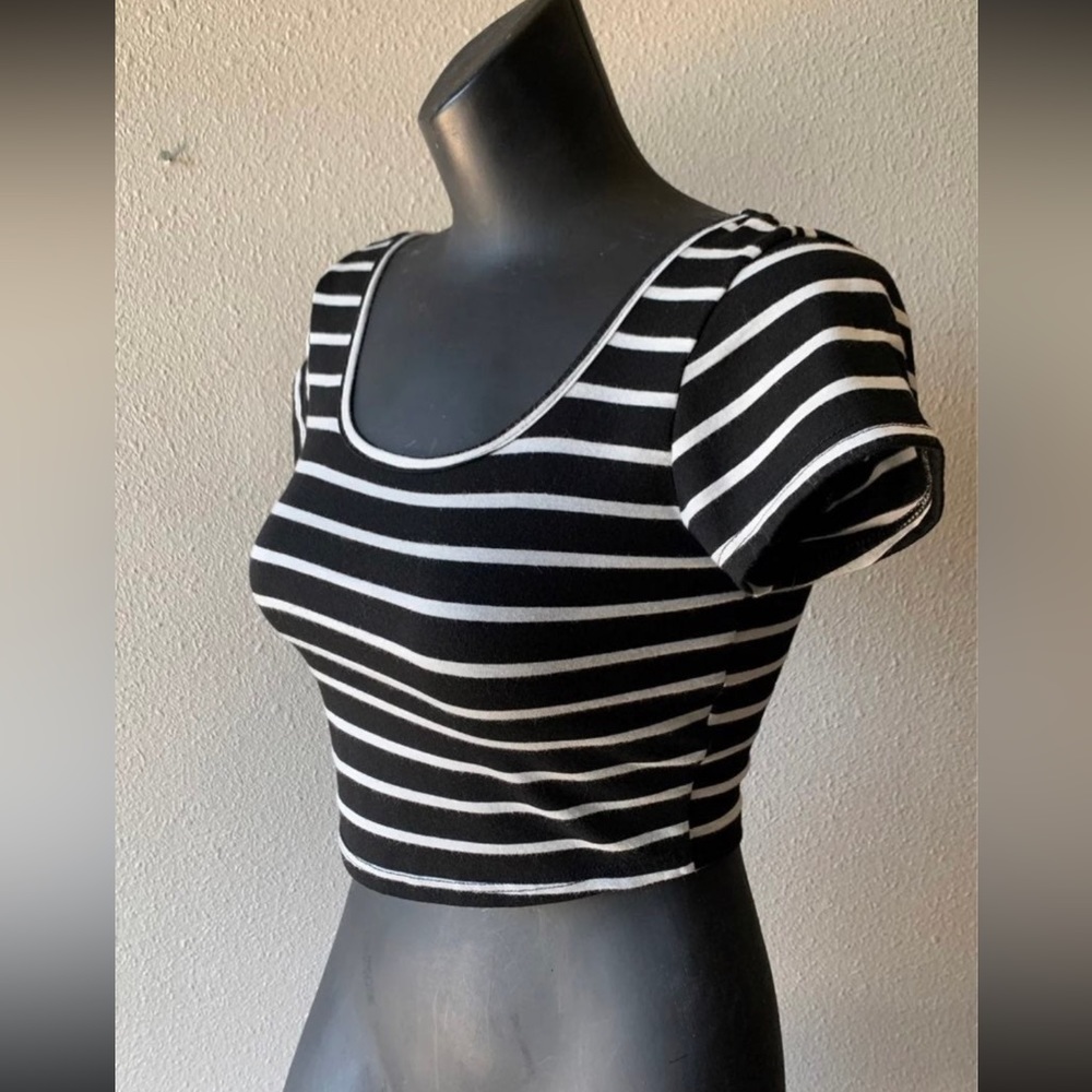 Poetry Small Black Cropped Top Short Sleeve Tee with White Stripes - Picture 2 of 7
